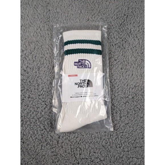 The North Face Crew Socks Mens Large 9-11 White Green Striped Embroidered Logo - Picture 3 of 3